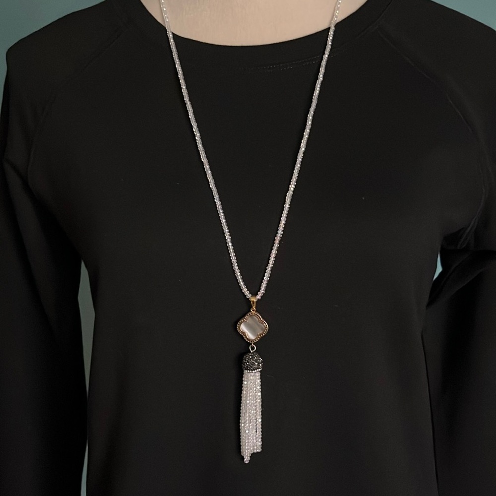 White beaded Diamond cut necklace. NO clasp with Smokey beaded 2” drop